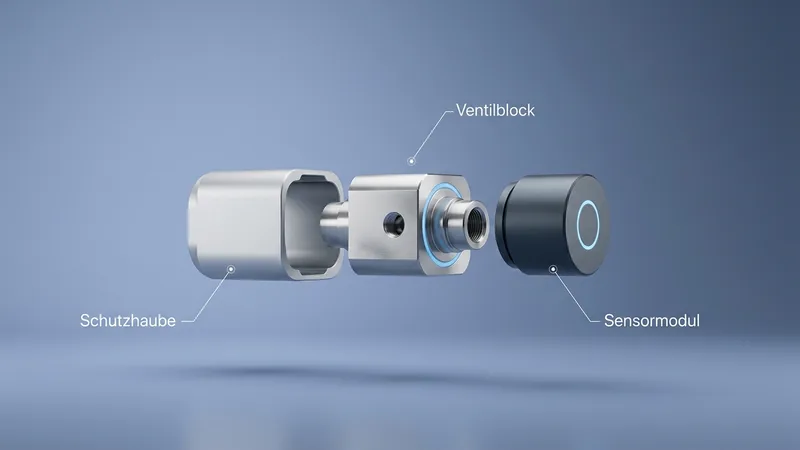Stil 3D-Ansicht: KI-Bild, freigestellte 3D-Explosionsansicht einer Maschinen-Baugruppe mit Beschriftungslinien für Schutzhaube, Ventilblock und Sensormodul.