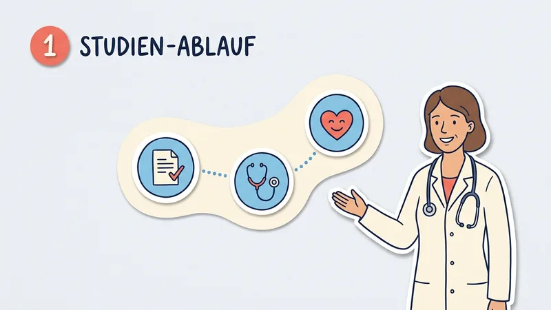 Stil Gezeichnet: KI-Bild im Collage-Look, eine Ärztin erklärt den Studienablauf in drei klaren Schritten.