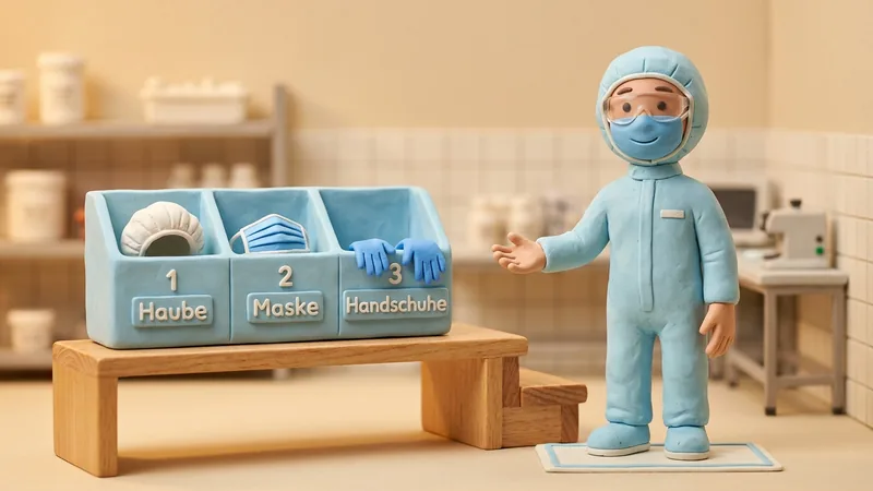 Stil Stop-Motion: KI-Bild im Knet-Look, eine Figur im Reinraum-Anzug hinter einer Schleusenbank mit Fächern für Haube, Maske und Handschuhe.